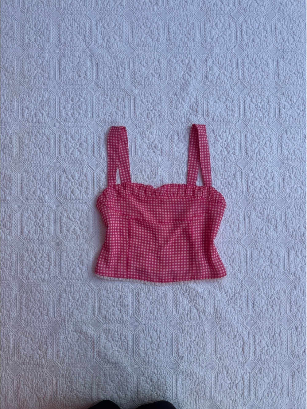 Megan Monroe Pink and White Checkered Crop Top with Lace Trim, Size XL